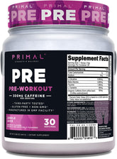 Primal Pre-entrenamiento con sabor toronja en frasco para energía sostenida.
