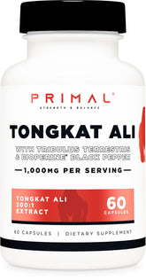 Botella de Primal Tongkat Ali con 60 cápsulas para suministro de 30 días.