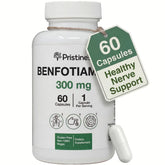 PRISTINE'S Benfotiamina 300 mg, botella visible, apoyo nervioso potencial y antioxidante.