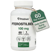 PRISTINE'S Pterostilbeno en envase, ideal para uso diario y antioxidante potencial.
