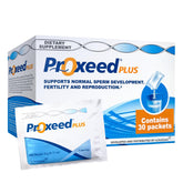 Proxeed Plus frasco y empaque, apoyo potencial a la salud de la fertilidad masculina.