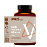 Puori Vegano Multivitamínico, bote frontal, apoyo al bienestar diario y energía sostenida.