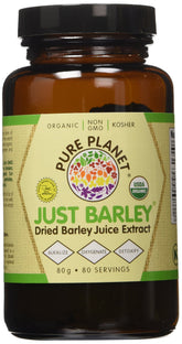 Pure Planet Just Barley polvo orgánico en envase; ideal para batidos matutinos.