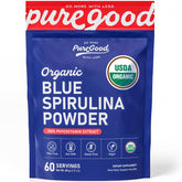 PureGood Blue Spirulina polvo en paquete para color natural en bebidas.
