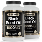 PureGood cápsulas de aceite de comino negro frente al frasco, posible apoyo al bienestar general.