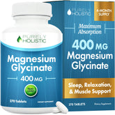 Purely Holistic Magnesio Glicinato 400 mg en botella, ideal para uso diario.