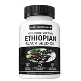 Botella PURELYNUTRIENT de aceite de semilla negra etíope para uso diario.
