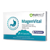 Purmeo H. pylori Probiotico, botella de cápsulas, apoyo digestivo diario.
