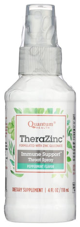 Quantum Thera Zinc Spray frente a la botella, experiencia refrescante para la garganta.
