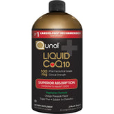 Qunol CoQ10 líquido, botella abierta, potencia energía diaria de forma natural.