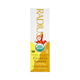 Pasta dental Radius para niños con coco y plátano, envase práctico para viaje.