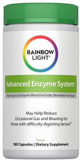 Rainbow Light Advanced Enzyme System envase frontal, ayuda a una digestión más suave tras las comidas.