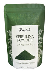 Raslok Espirulina polvo puro, fuente de proteína vegetal para dietas veganas.