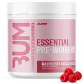 RAW Essential Pre-entrenamiento Frambuesa Cremosa, vista del tubo, energía sostenida para entrenamientos.