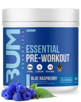 RAW Nutrition Essential Pre envase azul sabor fresa azul para entrenamiento