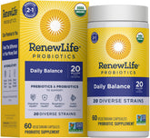 Renew Life Equilibrio Diario Probiótico frasco, soporte digestivo diario y equilibrio intestinal.
