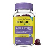 RESCUE PLUS gomitas para dormir, botella visible para rutina nocturna relajante.
