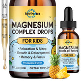 Gotas de magnesio ReviNutra para niños, botella en estante, apoyo a la calma diaria.
