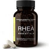 RHEASILVIA Rhea: botella derramando cápsulas para rutina diaria de bienestar hormonal.