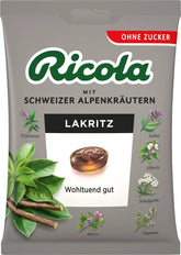 Ricola pastillas sin azúcar, frente del empaque, sabor regaliz suave y uso diario.