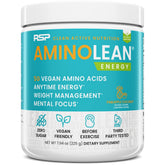 RSP Vegan AminoLean en embalaje, energía sostenida para entrenamientos.