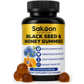 Sakoon Nutrition: botella con gomitas de aceite de semilla negra, posible apoyo inmune.
