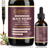SKLIA liposomal Wormwood Black Walnut botella volcada para iniciar la rutina digestiva