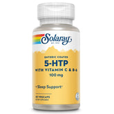 SOLARAY 5-HTP botella frontal mostrando la dosis para apoyo al sueño