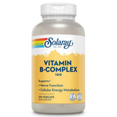 Solaray B-Complex 100-250, empaque botella reciclada, apoyo a la sostenibilidad ambiental.