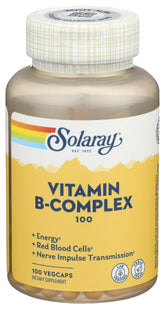 Solaray B-Complex 100 mg, cápsulas frente, posible apoyo para energía diaria.