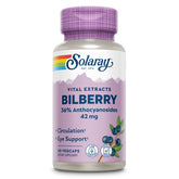 SOLARAY Bilberry Extract cápsulas en envase, apoyo visual diario y circulación.