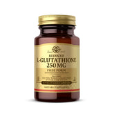 Solgar Glutatión Reducido 250 mg en botella, apoyo antioxidante para uso diario.