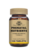 Solgar Nutrientes Prenatales, vista frontal de la botella, apoyo diario durante el embarazo.