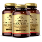 Solgar Vitamina D3, botella con cápsulas blandas, apoya huesos y salud inmune.