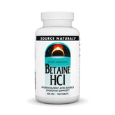 Source Naturals Betaine HCl botella-frente ofrece una dosis de 650 mg para apoyo digestivo.