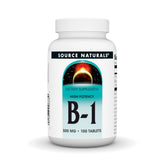 Source Naturals Vitamina B-1 Thiamina 500mg, frente del bote, apoyo al metabolismo de carbohidratos.