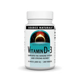 Source Naturals Vitamina D3 400 UI: frasco con tabletas para apoyo óseo.