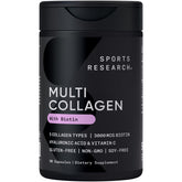 Sports Research colágeno multi con biotina en botella para cabello y piel.