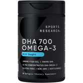 Sports Research DHA Omega-3, botella de cápsulas, apoya la salud cerebral diaria.