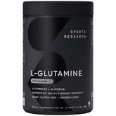 Sports Research L-Glutamine, bote con etiqueta, posible apoyo a la recuperación post-entrenamiento.