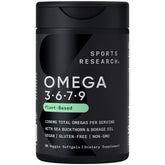 Sports Research Omega Vegano 3-6-7-9: botella visible, apoyo potencial a la salud diaria.
