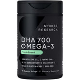Sports Research Vegan DHA 700 mg en botella, posible apoyo cognitivo diario.
