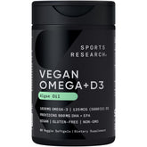 Sports Research Vegan Omega-3 D3, etiqueta frontal, fuente vegetal de omega-3 y D3 para adultos.