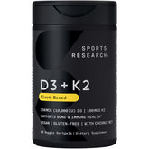 Sports Research Vitamina D3 + K2, botella frontal, con potencial apoyo a la salud ósea