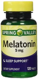Spring Valley Melatonina 5 mg, vista de la caja, apoyo a ritmos normales
