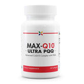 Stop Aging Now MAX-Q10 Ultra botella y etiqueta — apoyo a la energía diaria