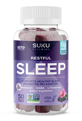 SUKU gomitas para dormir, envase frontal, ayudan a iniciar el sueño suavemente.