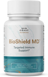 BioShield MD de Sun Coast Sciences, cápsulas en envase, apoyo suave al sistema inmunitario.