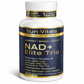 Sun Vitals NAD+ con Resveratrol y Quercetina: botella de suplemento para energía celular.