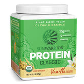 Sunwarrior proteina orgánica clásica vainilla, envase, apoya recuperación muscular tras el entrenamiento.